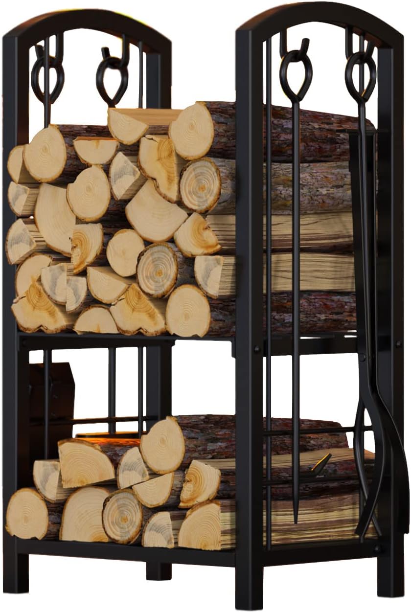 Fire Beauty Fireplace Log Rack with 4 Tools Set for Storage