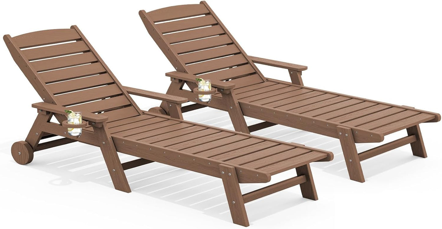 Adjustable Outdoor Lounge Chair Set of 2 with Wheels & Cup Holder