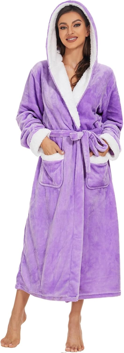 Iniber Plush Robes for Women - Cozy Fleece Hooded Bathrobe