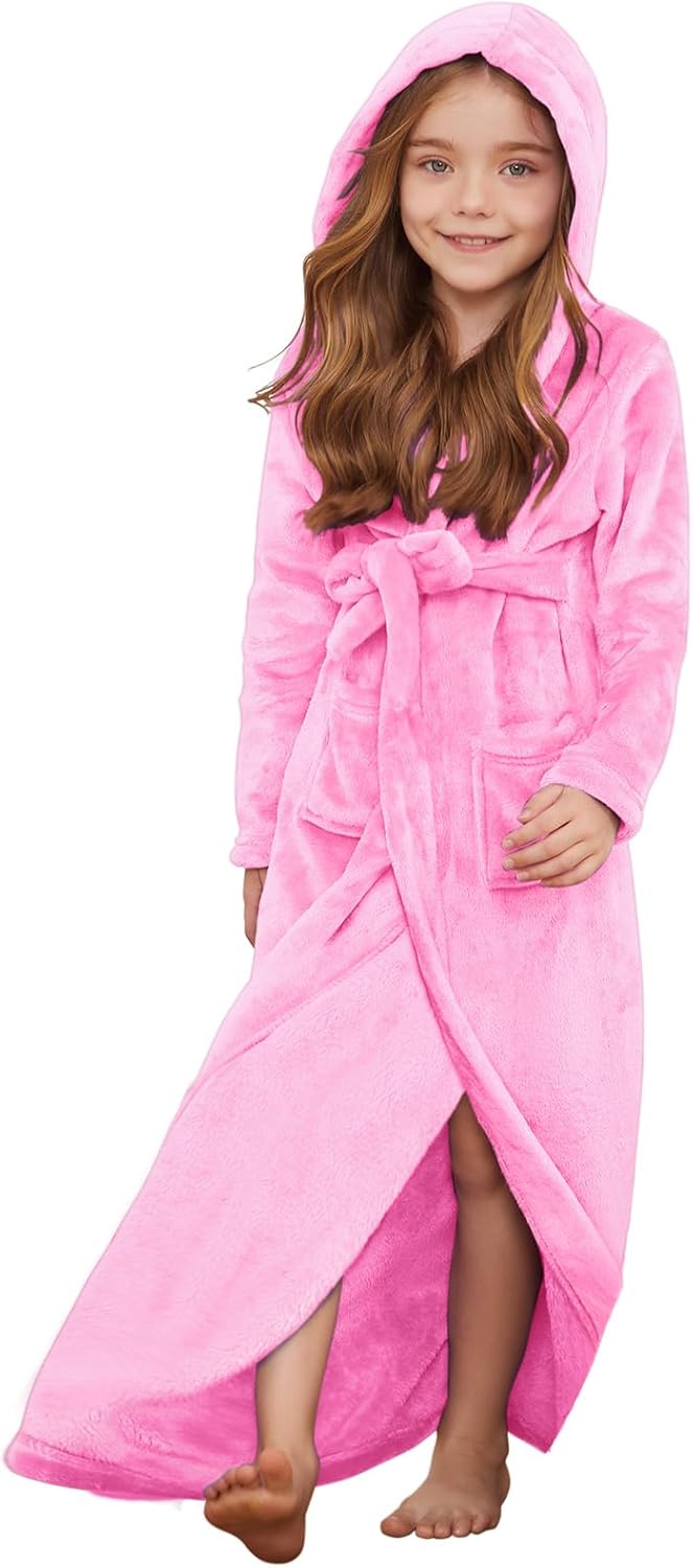Jxstar Girls Bathrobes Long Hooded Plush Coral Fleece Sleepwear