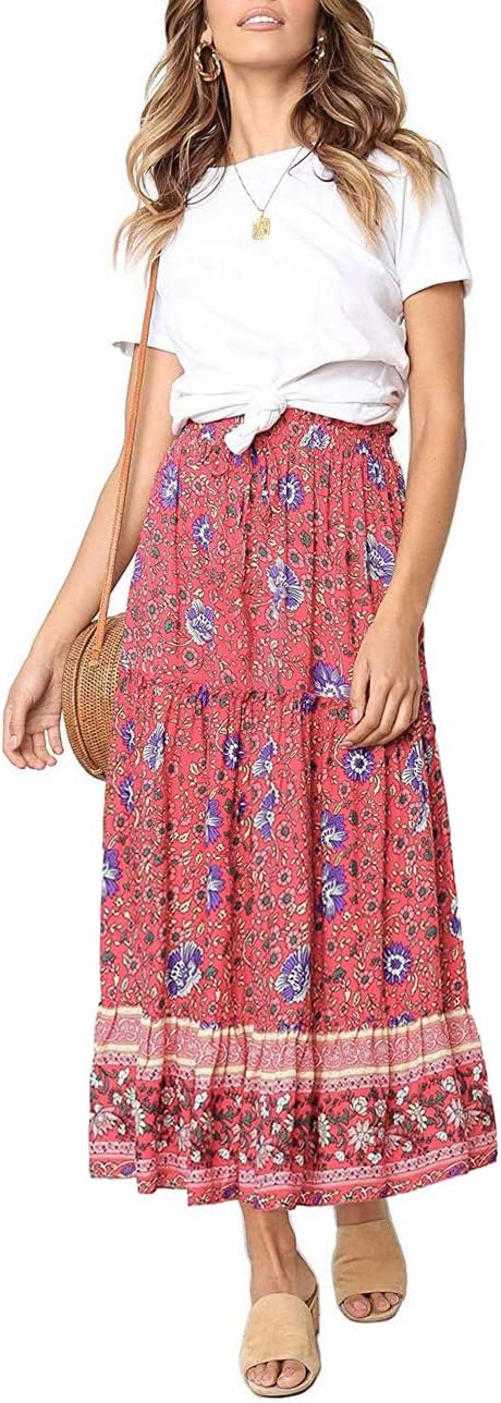Boho Floral Print Elastic High Waist Pleated Maxi Skirt