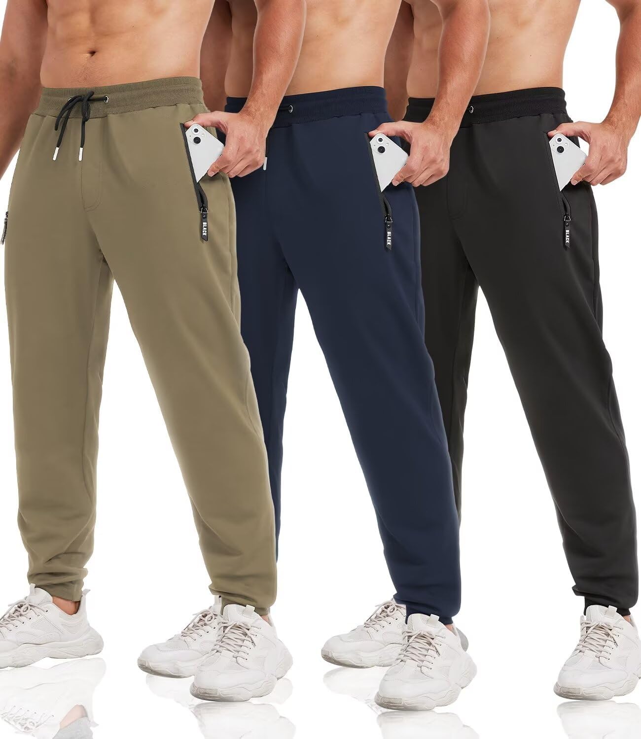 3 Pack Sweatpants for Men Tapered Joggers with Zip Pockets