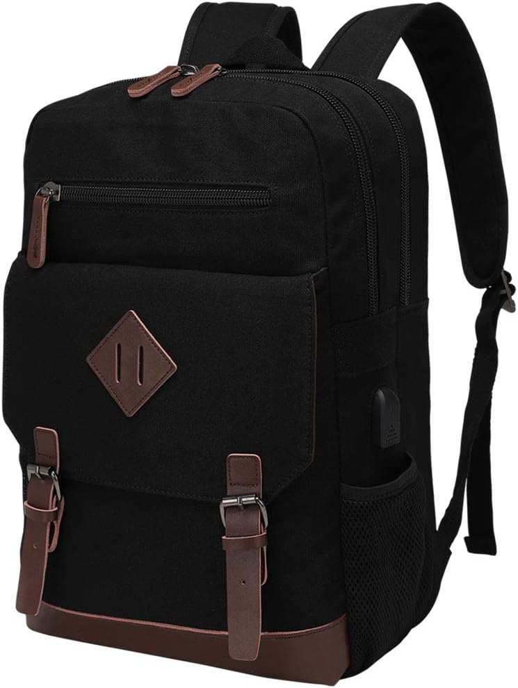 Vintage Canvas Backpack for Men Women with USB Charging Port
