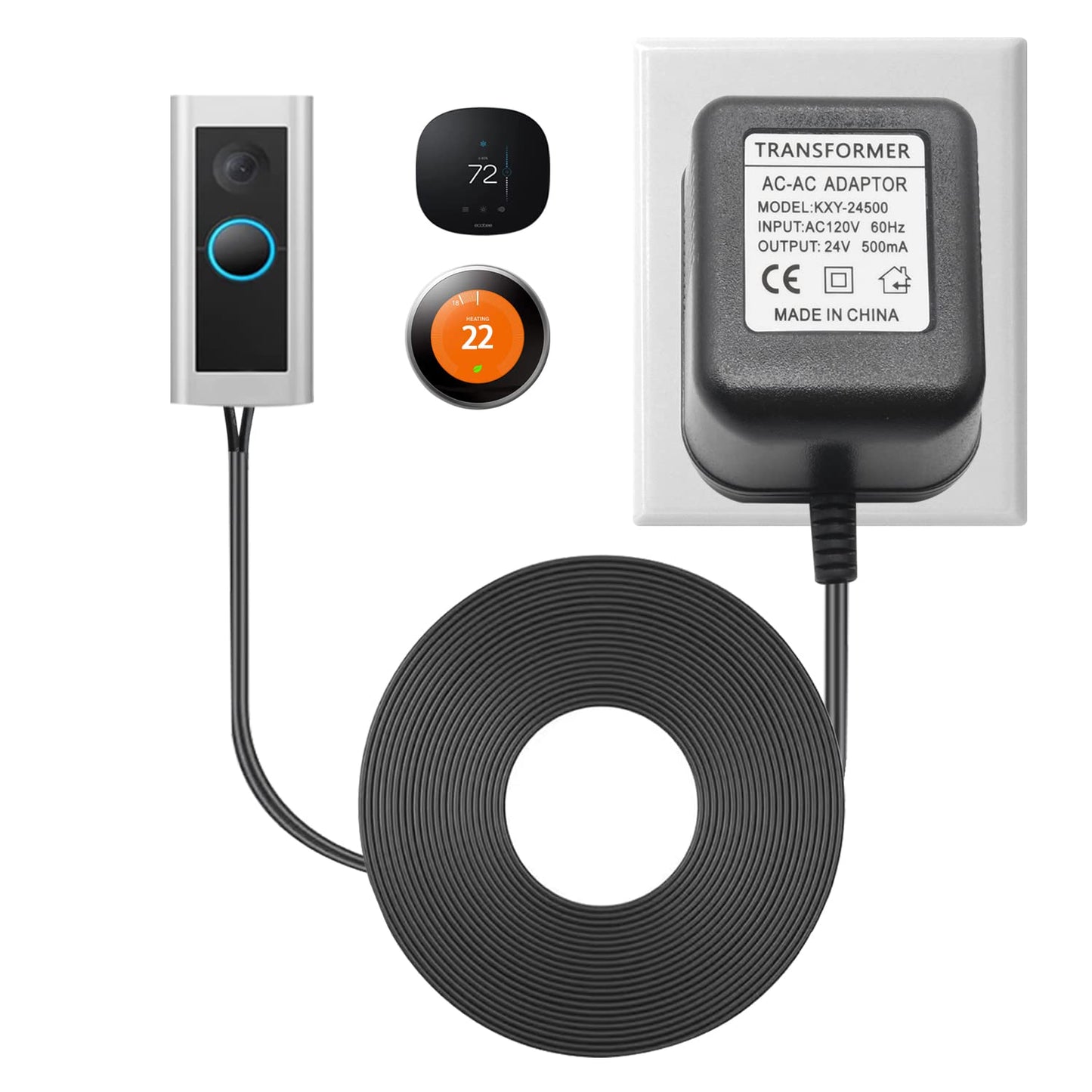 24V Video Doorbell Power Transformer - Compatible with Top Brands - 26ft Line - Black