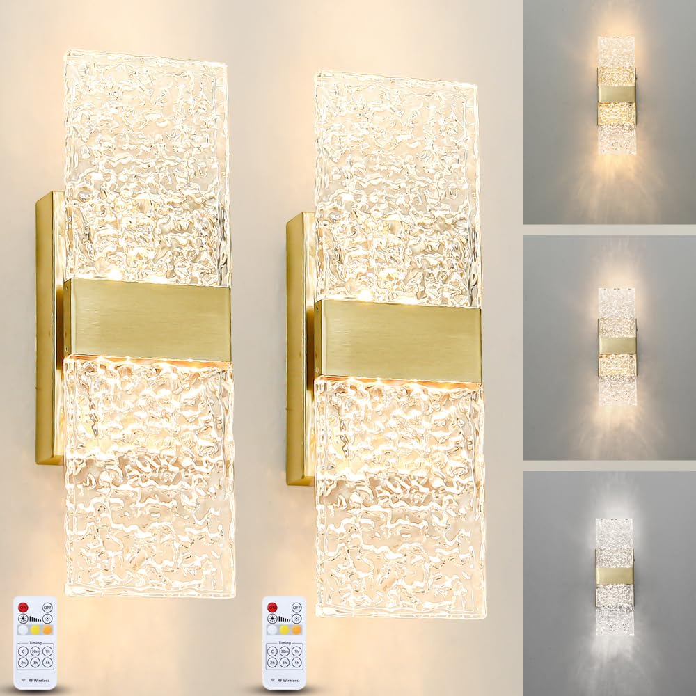 Modern Brushed Gold Battery Operated Wall Sconces Set of 2