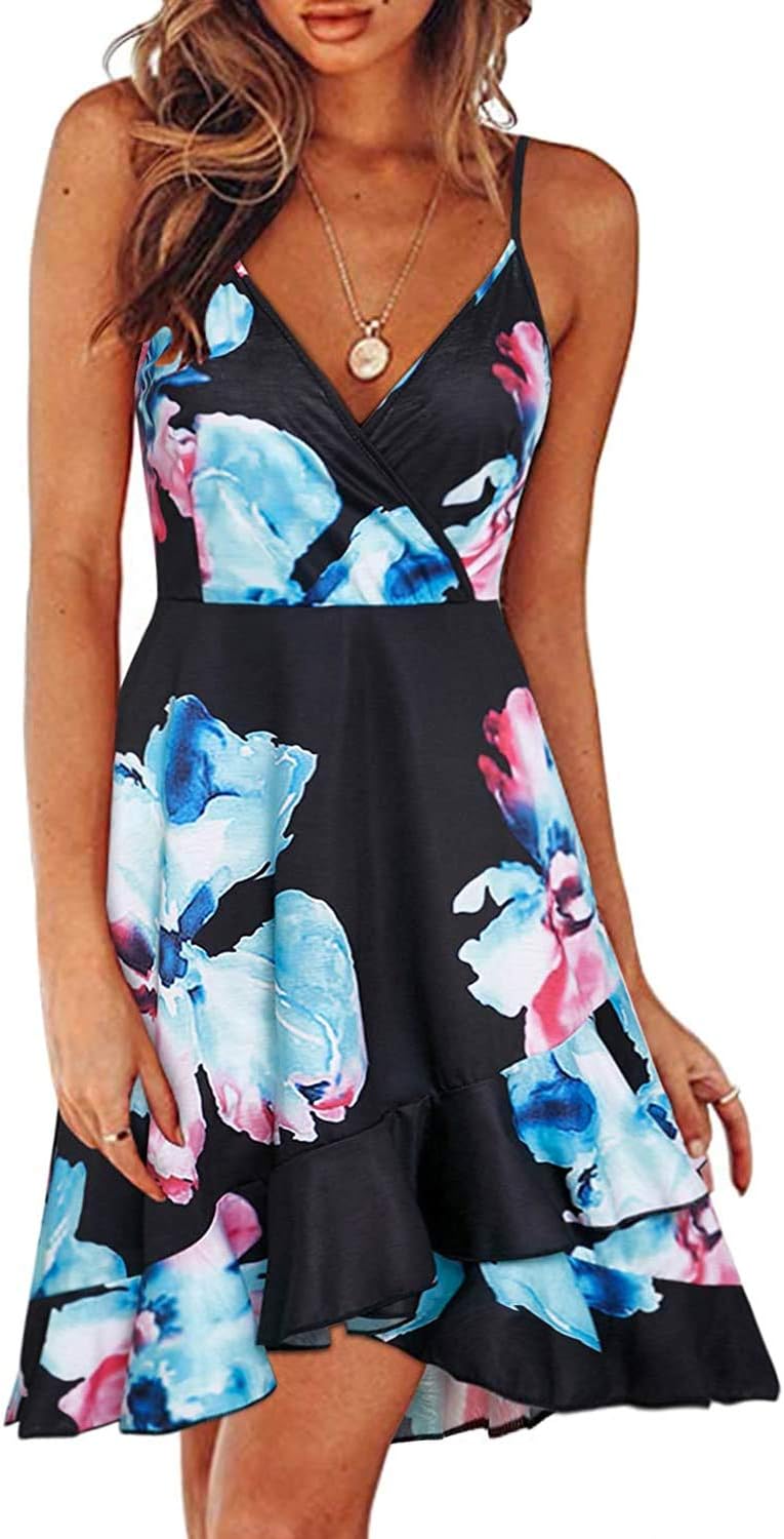 ULTRANICE Womens Summer Dresses Floral V Neck Ruffled Hem Style