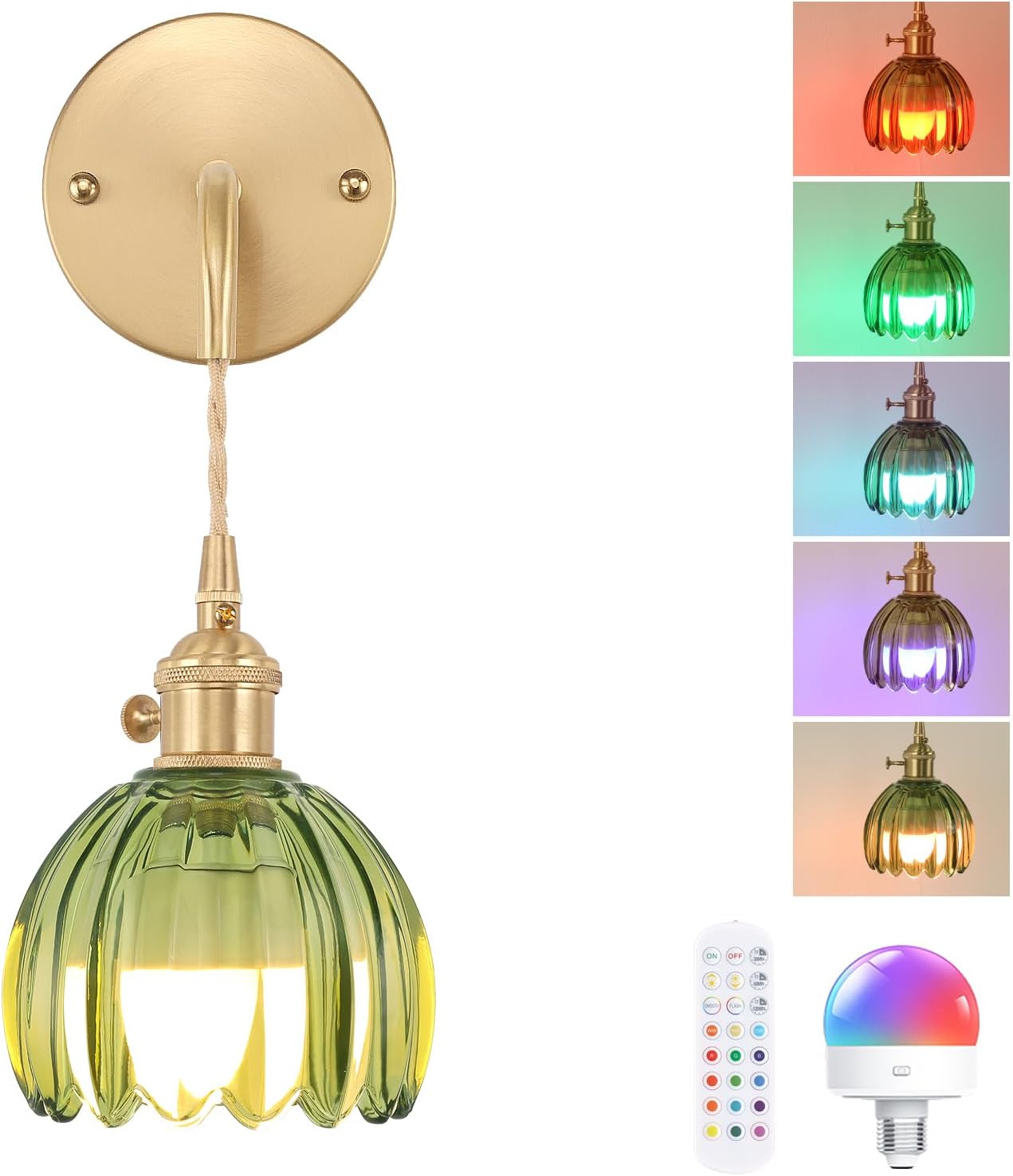 Battery Operated Wall Sconce with Green Tulip Shade for Home