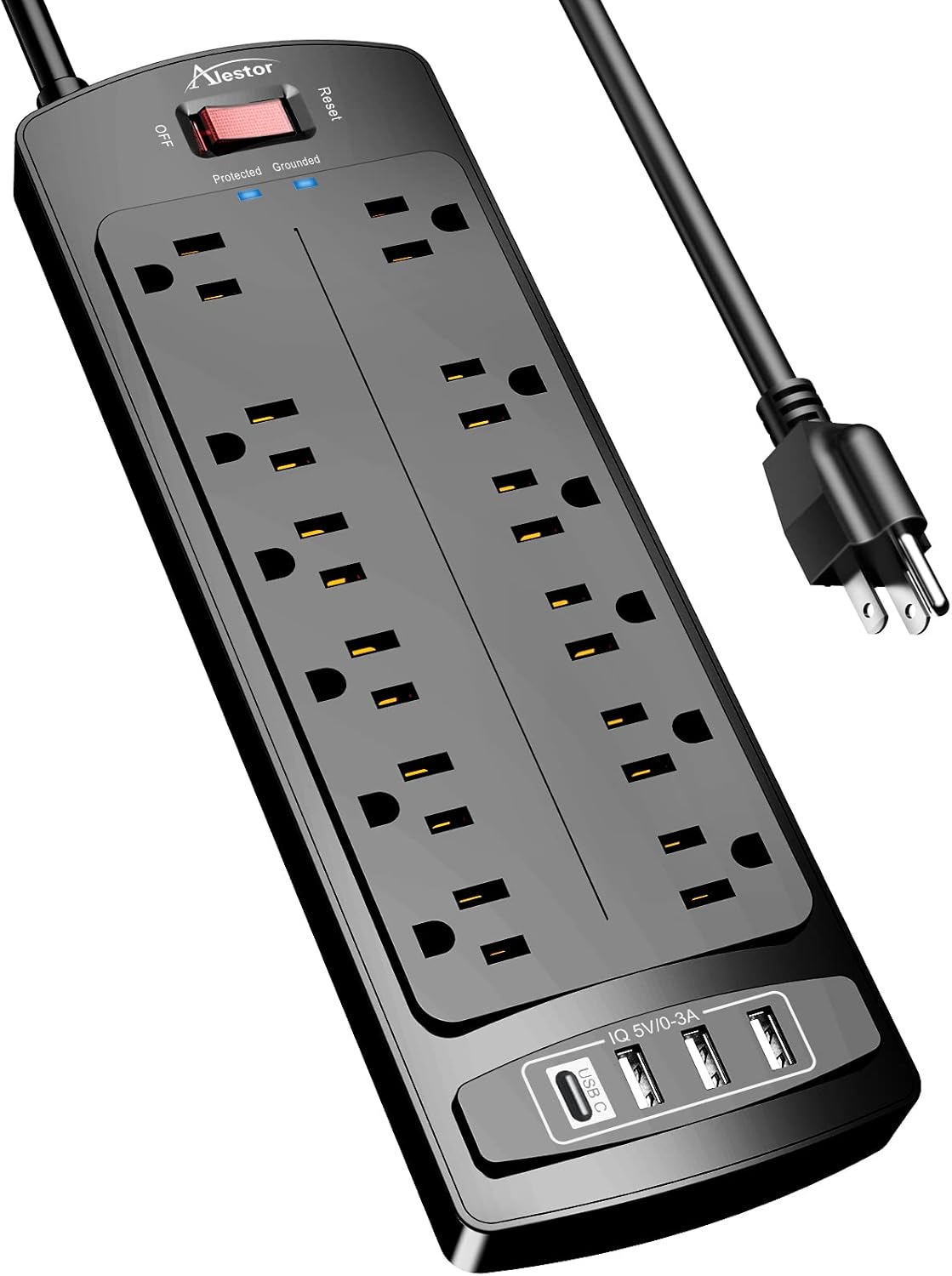 ALESTOR Power Strip: 12 Outlets, 4 USB Ports, Surge Protection