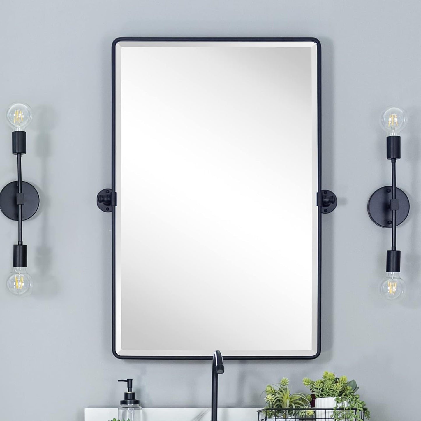 Farmhouse Pivot Rectangle Bathroom Mirror with Black Metal Frame
