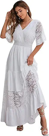 Simplee Women V Neck Formal Lace Maxi Dress for Weddings