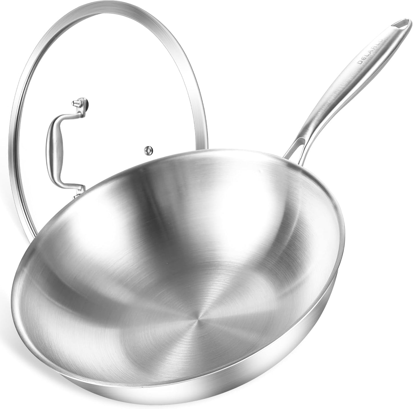 Delarlo 13 in Stainless Steel Wok Pan with Lid for Cooking