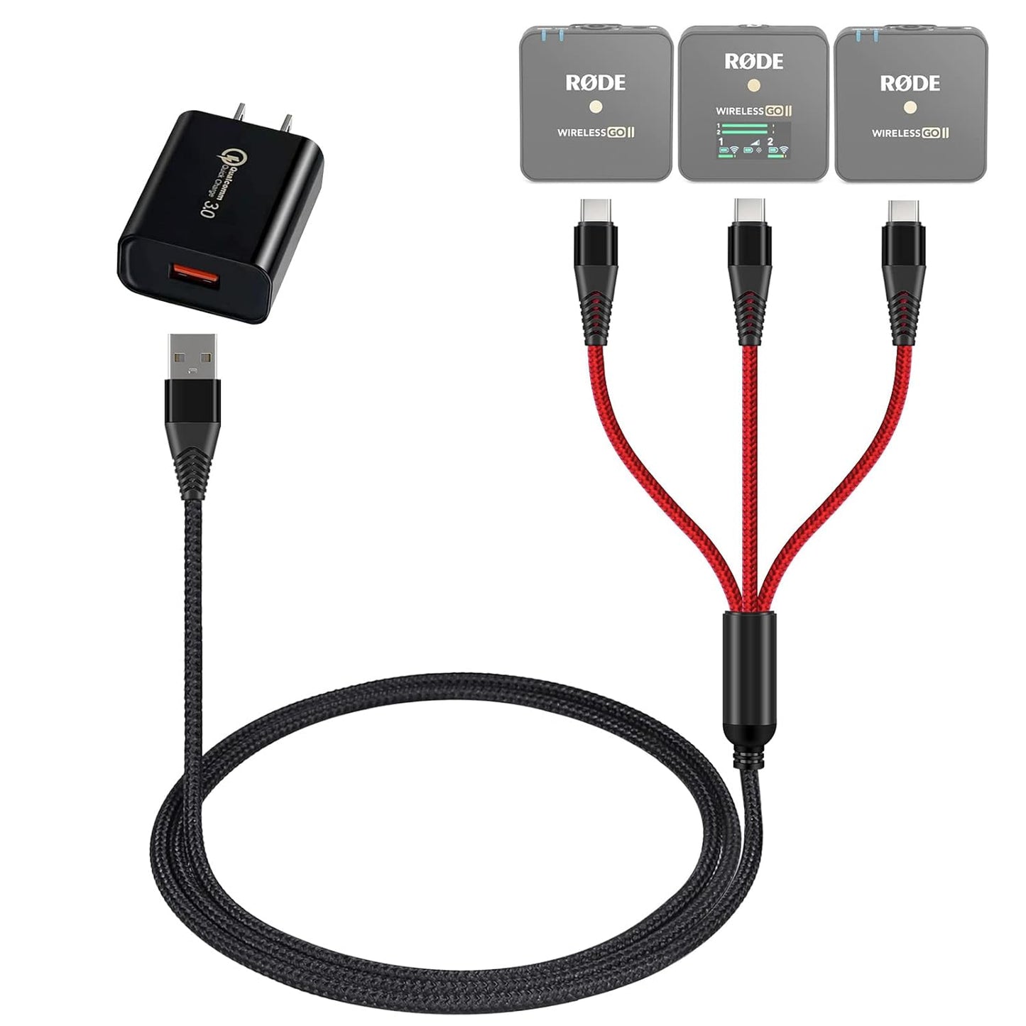 Fast-Charge USB C Cable for Rode Wireless Go 2 - 3-in-1, 18W Adapter