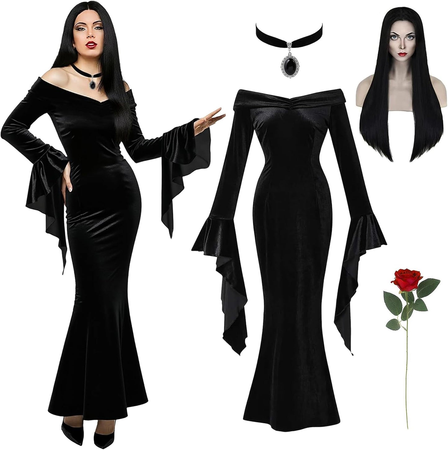 Morticia Addams Gothic Dress Costume Set for Halloween Fun