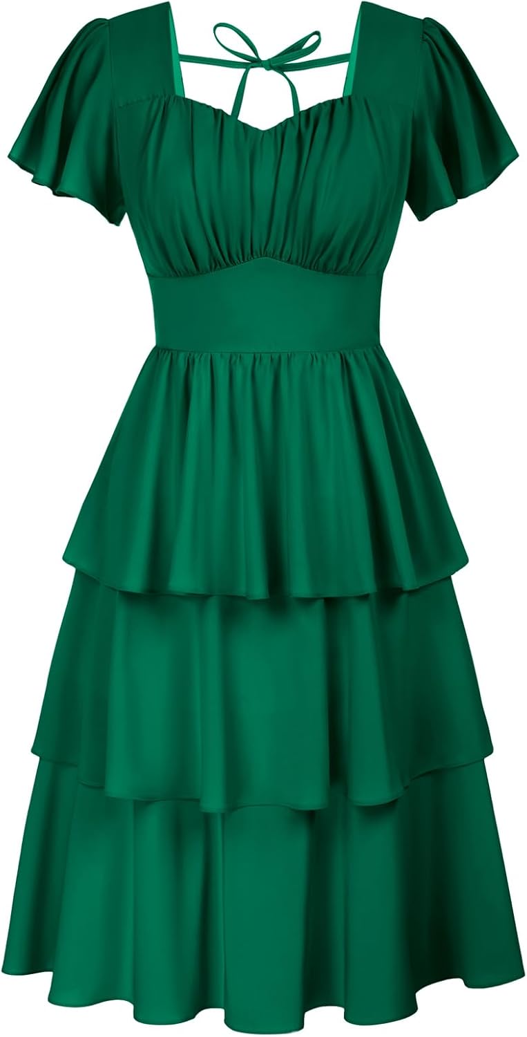 Belle Poque Women's Square Neck Tiered Ruffle Dress for Summer