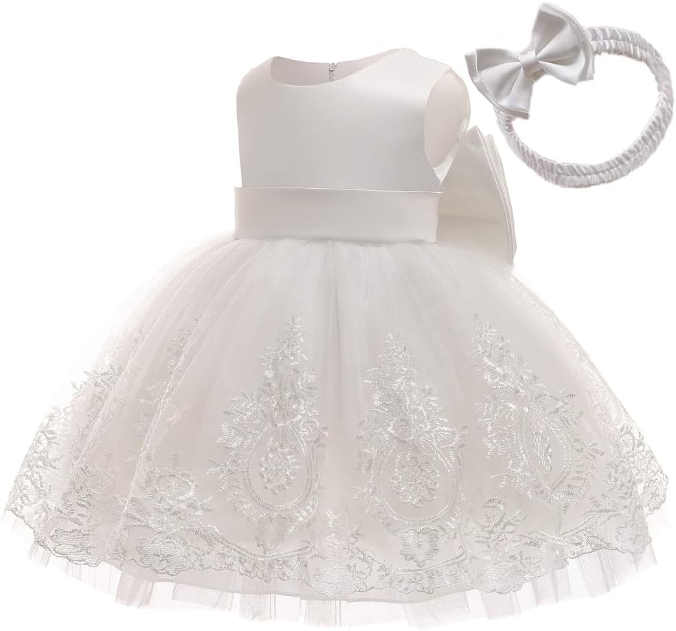 Toddler Baby Girls Pageant Lace Embroidery Dresses with Headwear