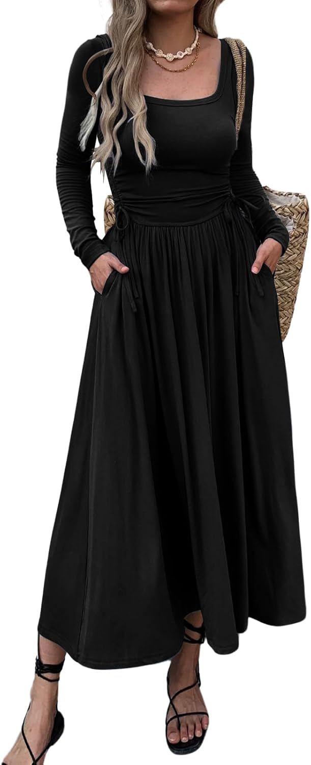 Womens Long Sleeve Square Neck Maxi Dress with Pockets