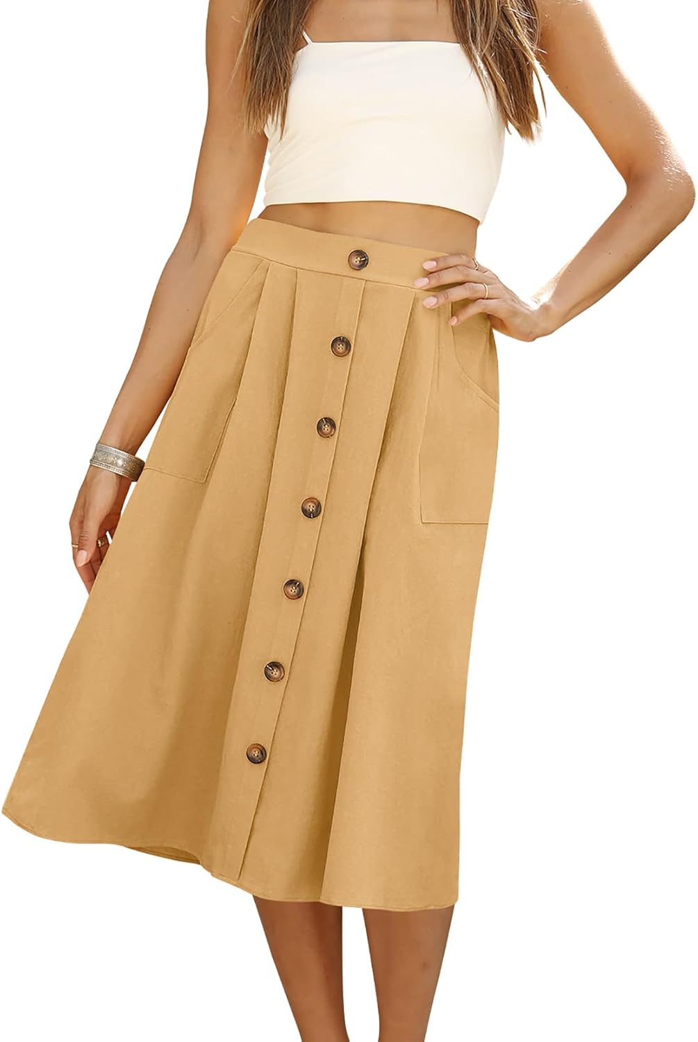 Naggoo Womens Summer Skirts Casual A-Line High Waisted Midi Skirt