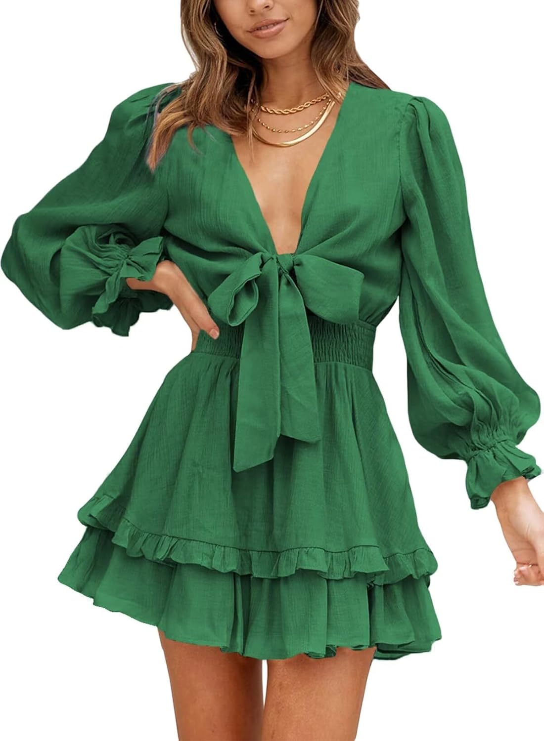 Dokotoo Womens Casual Deep V Neck Knotted Mini Dress for Fall