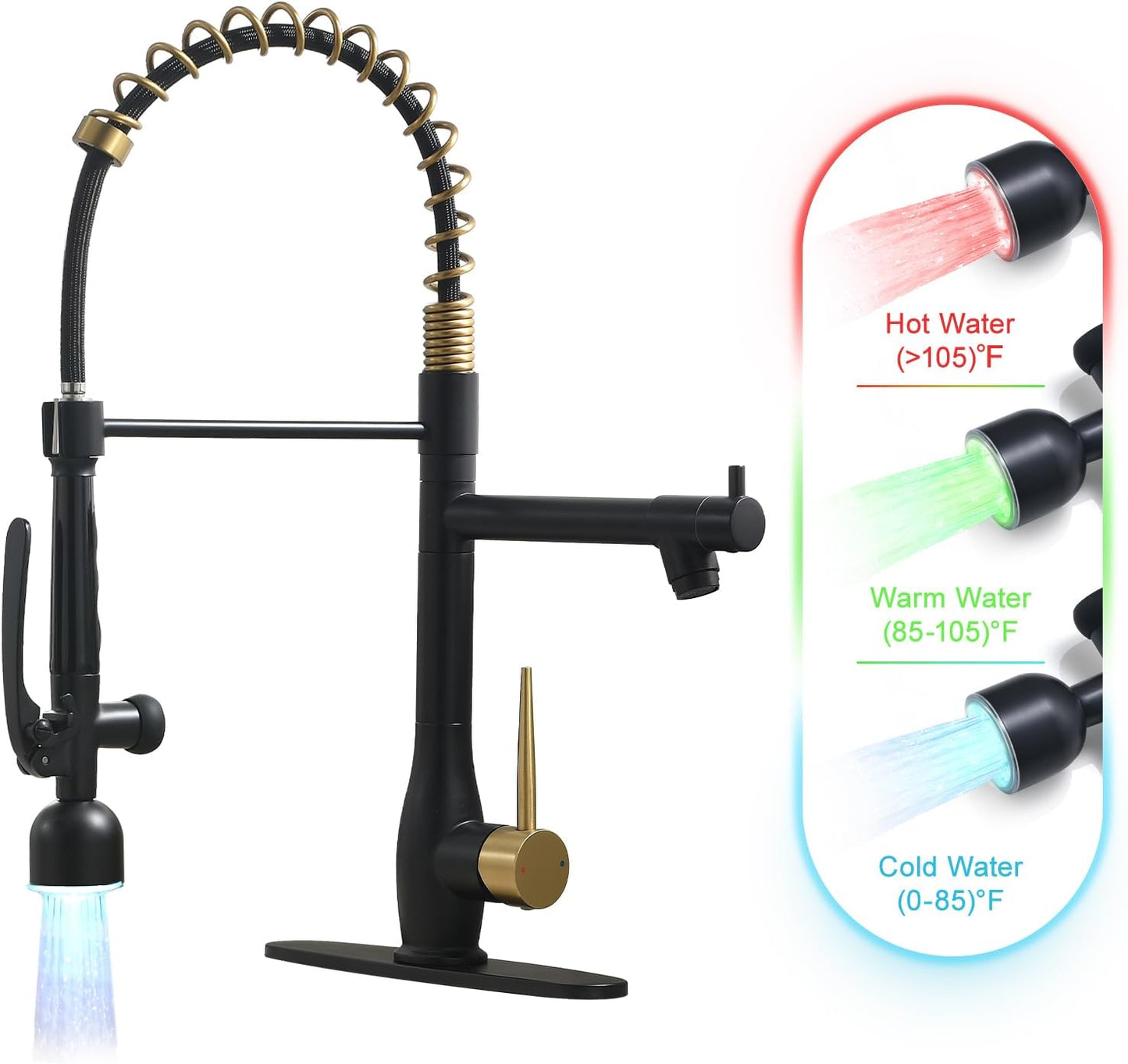 GIMILI Black and Gold Kitchen Faucet with LED Pull Down Sprayer
