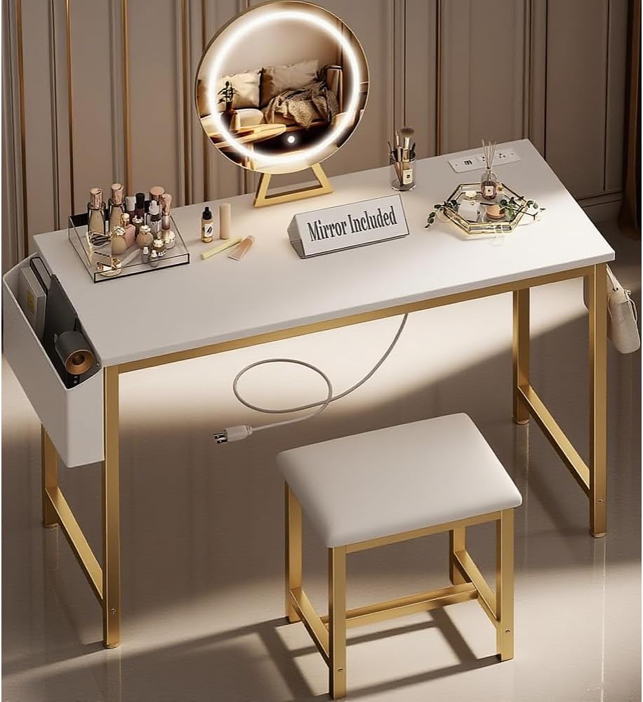 Cheap Makeup Girls Vanity Set with Mirror, Stool, and Lights