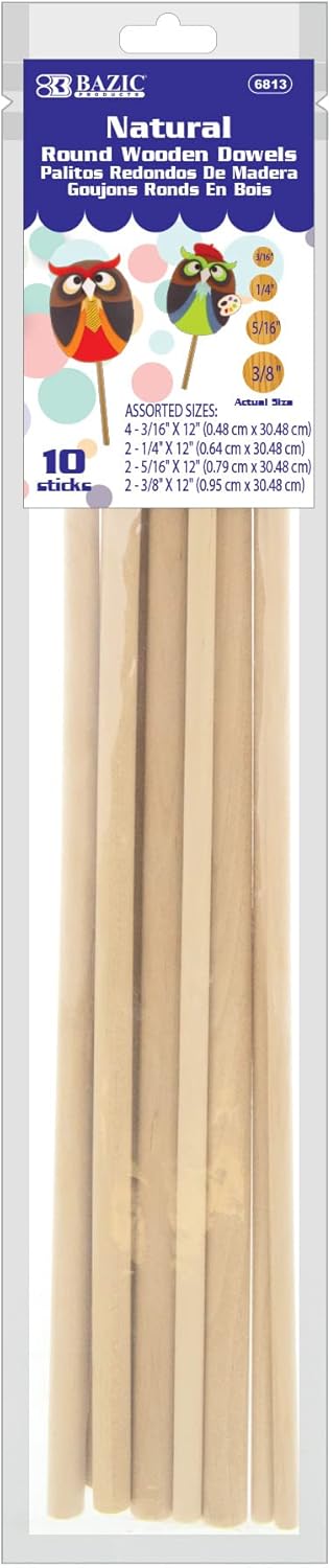 Wooden Dowel Rods for Crafts and Cake Support - 10/Pack