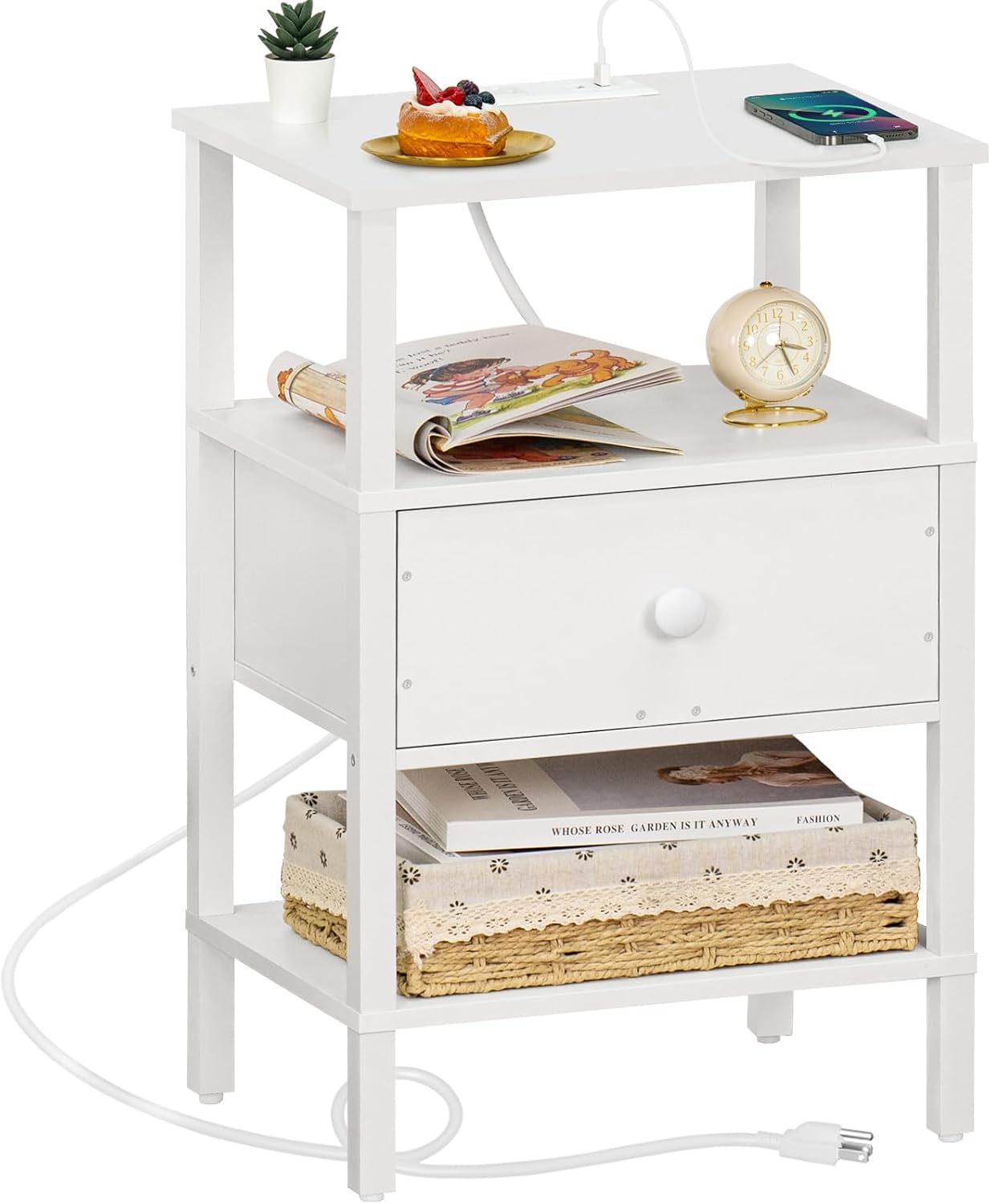 Versatile Nightstand with USB Ports and 3-Tier Storage for Home