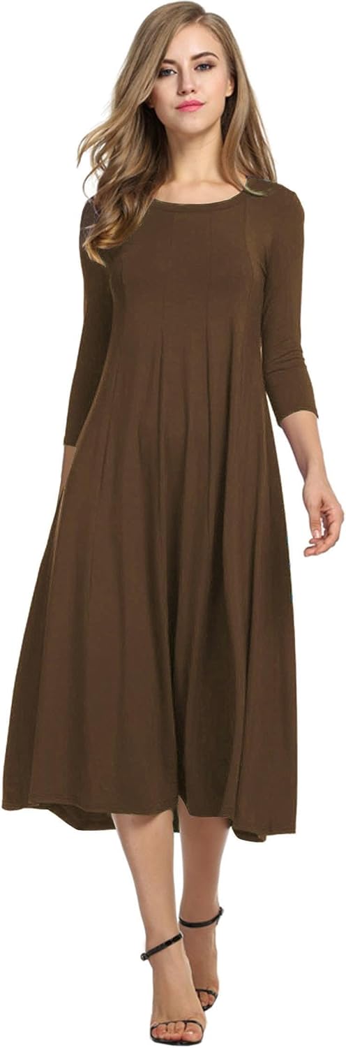 HOTOUCH Women's 3/4 Sleeve A-line Midi Long Dress for Elegance