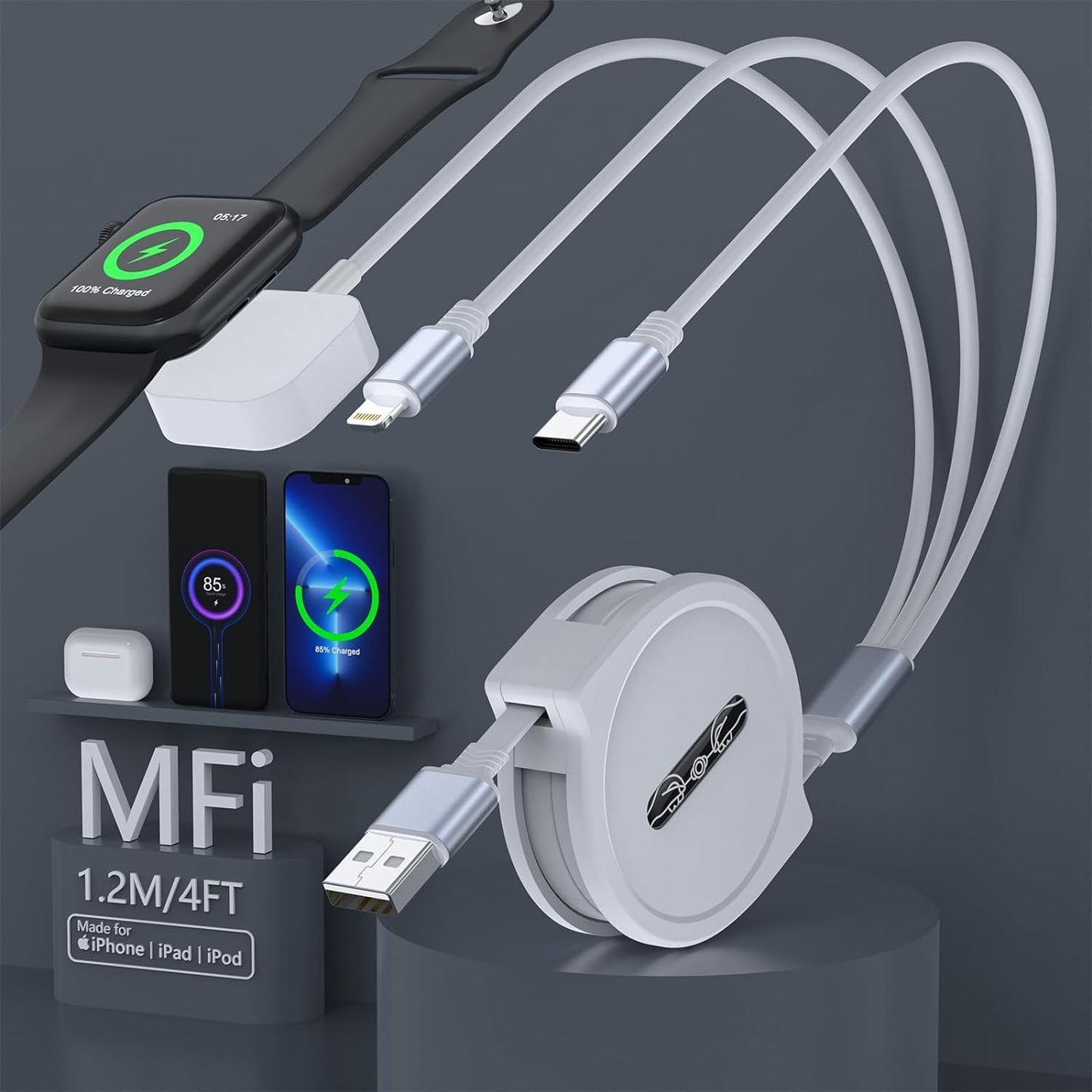 3-in-1 Retractable iWatch Car Charger by Quanlex