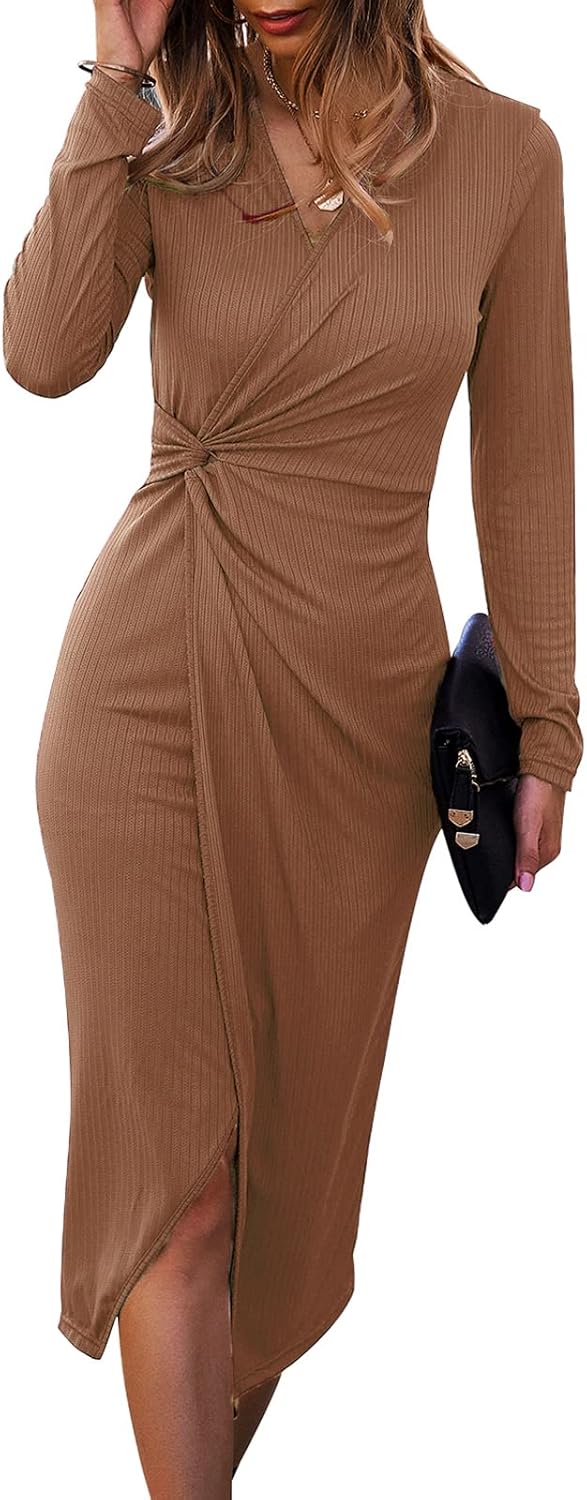 SHIBEVER Women's Long Sleeve Dress: Elegant Midi V Neck Style