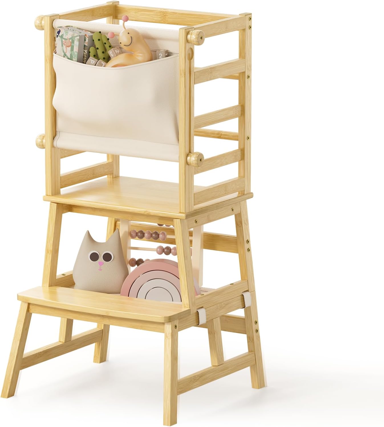 Bamboo Toddler Step Stool with Safety Rail for Kids Use