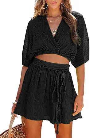 Dokotoo Vacation Outfits for Women V Neck Bat Sleeve Crop Top