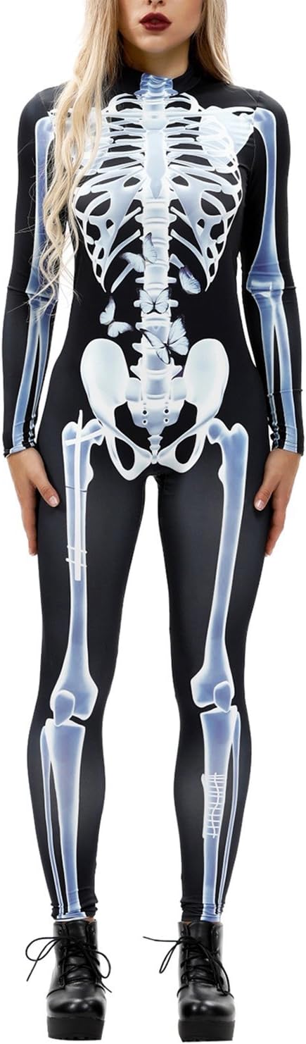 Fixmatti Women Halloween Costume Skull Print Long Sleeve Jumpsuit