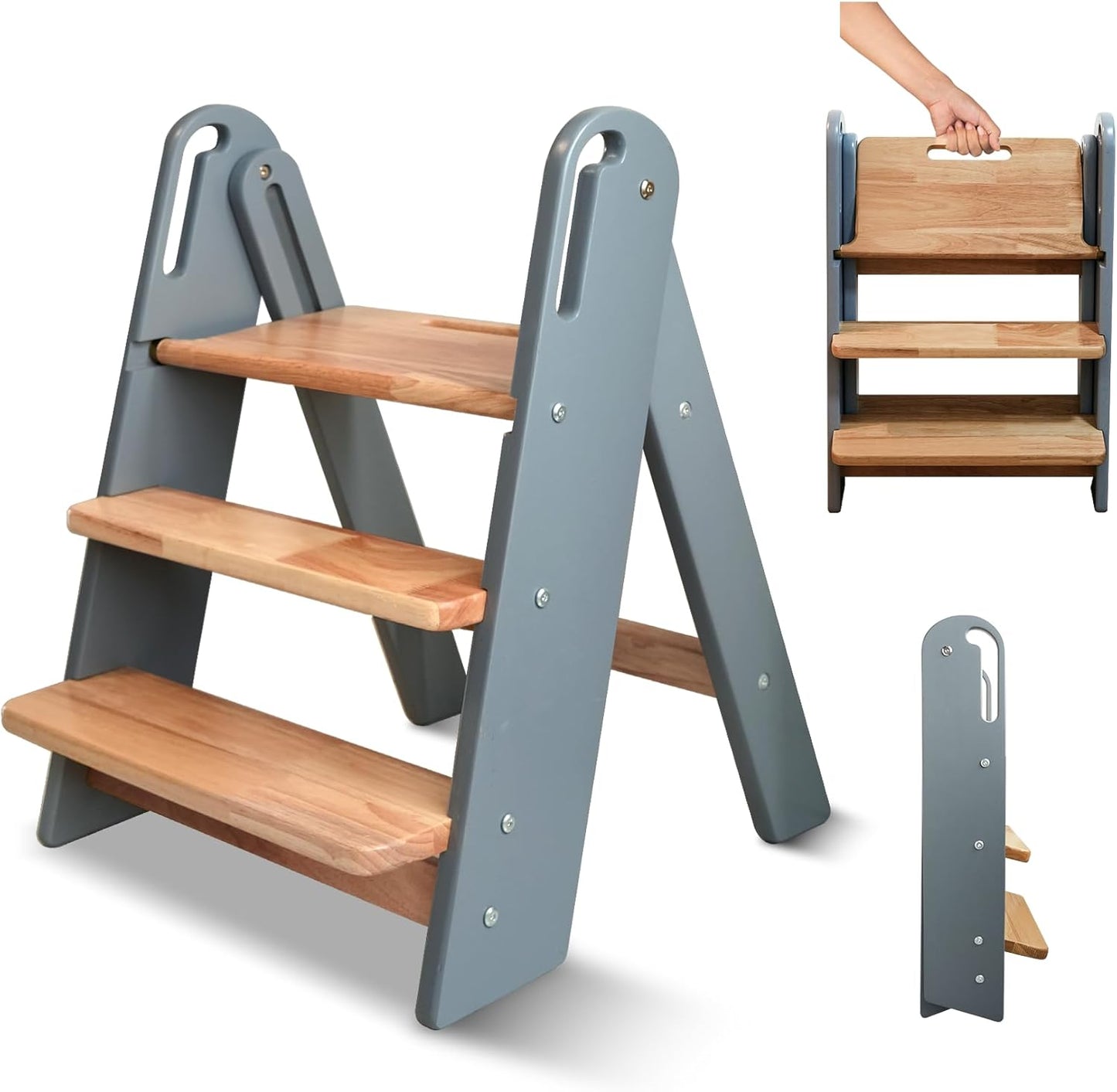 Step Stool for Toddler, 3-Step Wooden Ladder for Kids Use