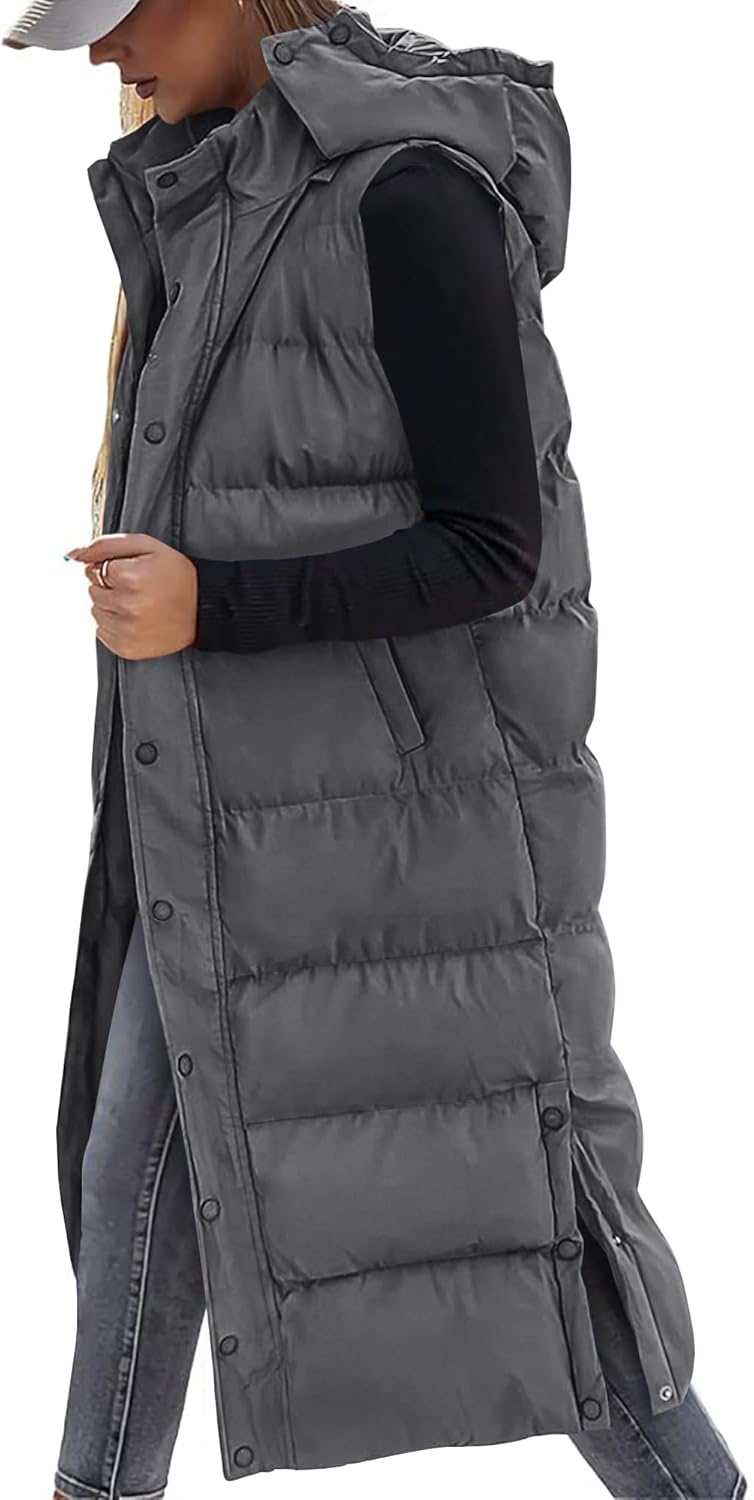 Long Puffer Vest for Women - Quilted Hooded Sleeveless Jacket