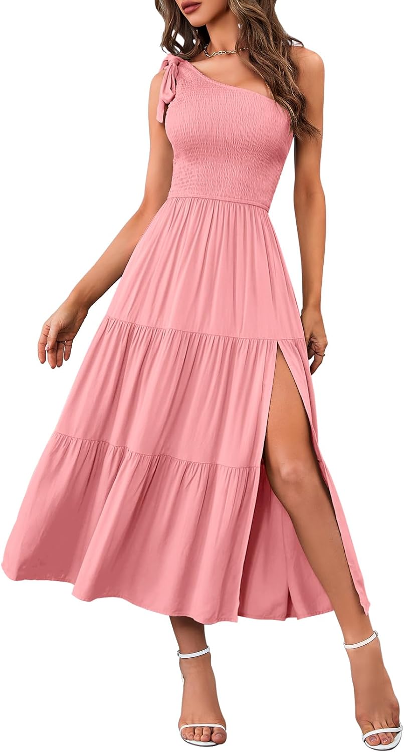 MEROKEETY Women's Summer One Shoulder Knot Smocked Midi Dress