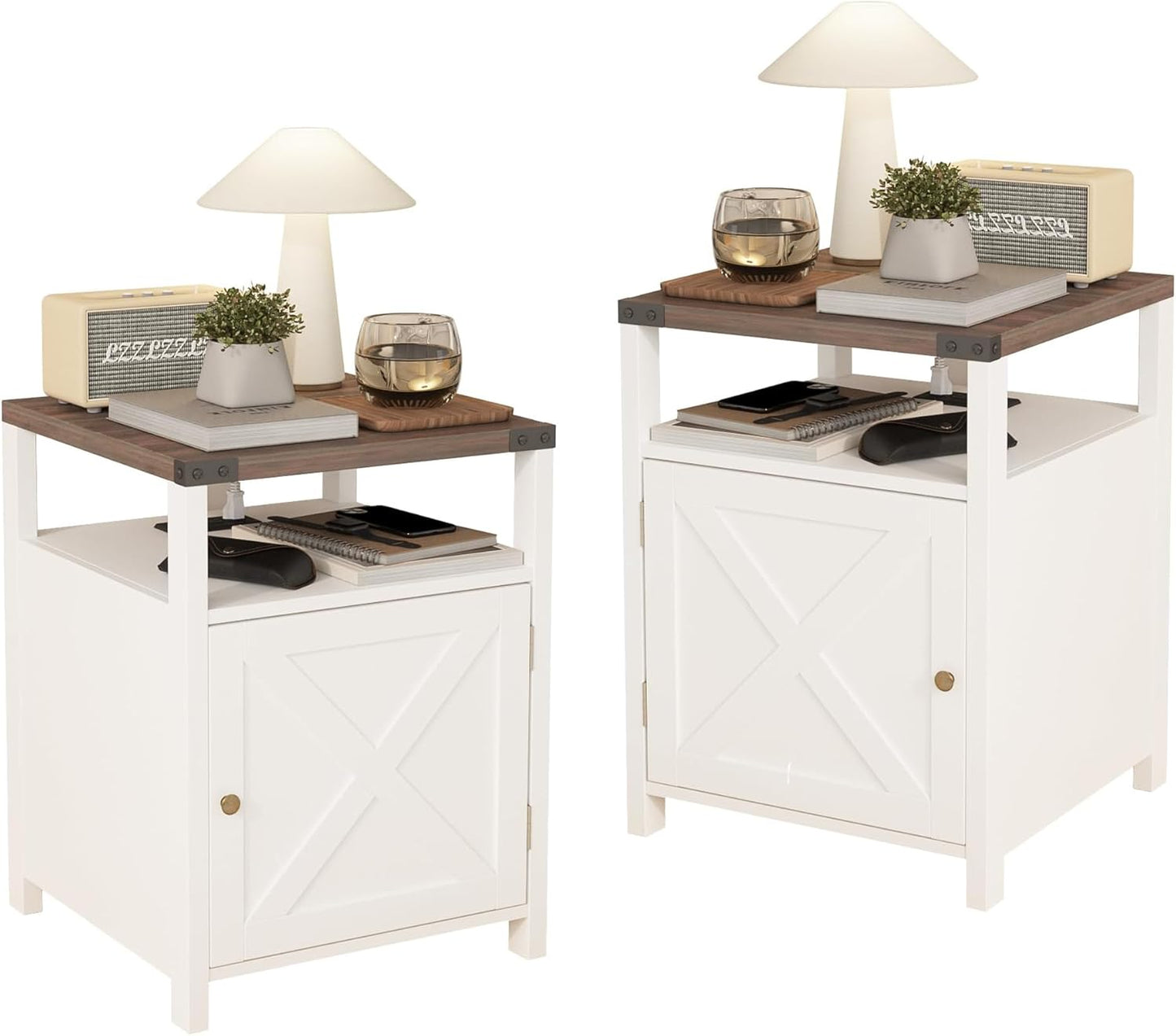 Farmhouse Nightstand Set of 2 with Charging Station for Bedroom