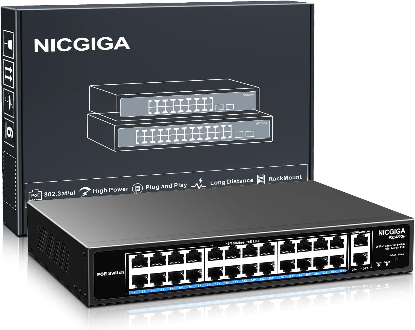 24 Port PoE Switch Unmanaged with 400W Power Budget for Networks