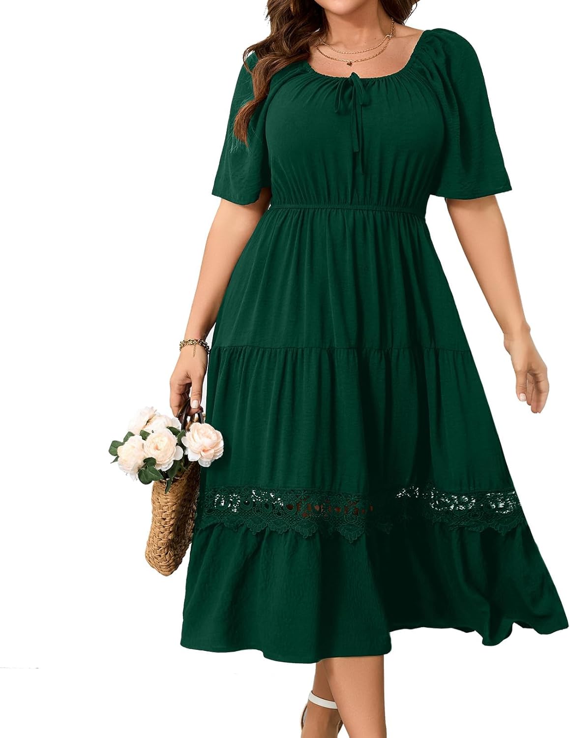 Plus Size Maxi Dress for Women with Square Neck and Lace Trim