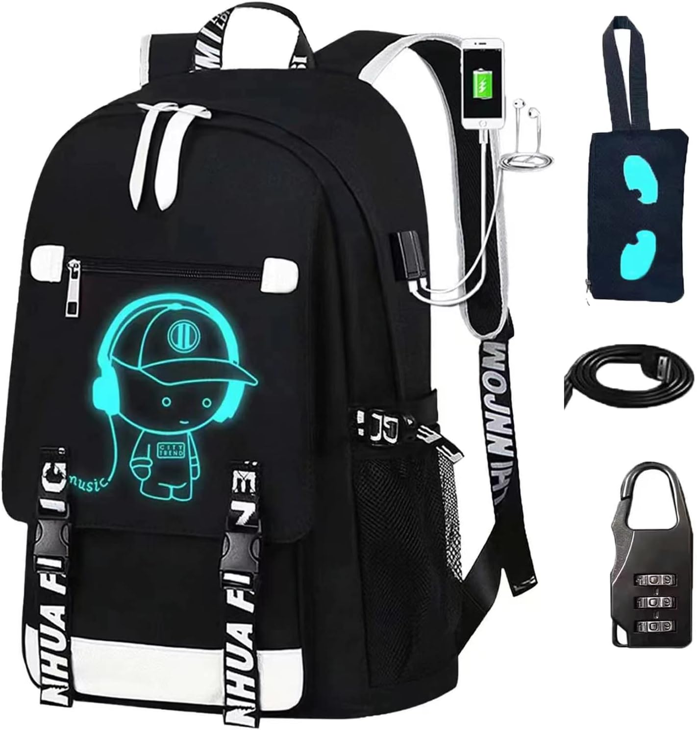 Large Anime School Backpack for Boys with USB Charging Port