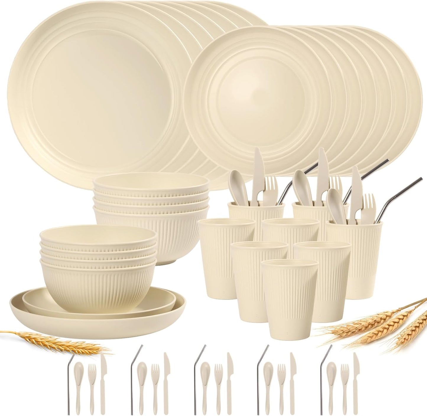 64PCS Wheat Straw Dinnerware Set for 8 - Unbreakable & BPA Free