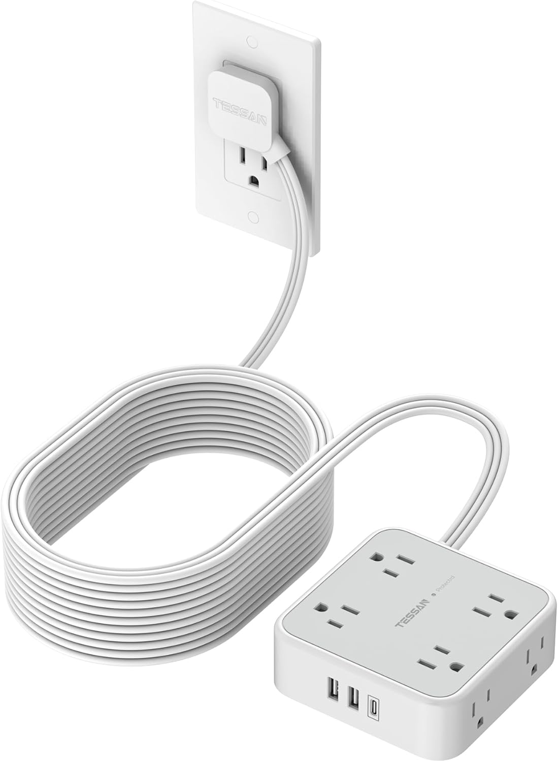 Flat Plug Long Extension Cord 25 Ft with 8 Outlets and USB Ports