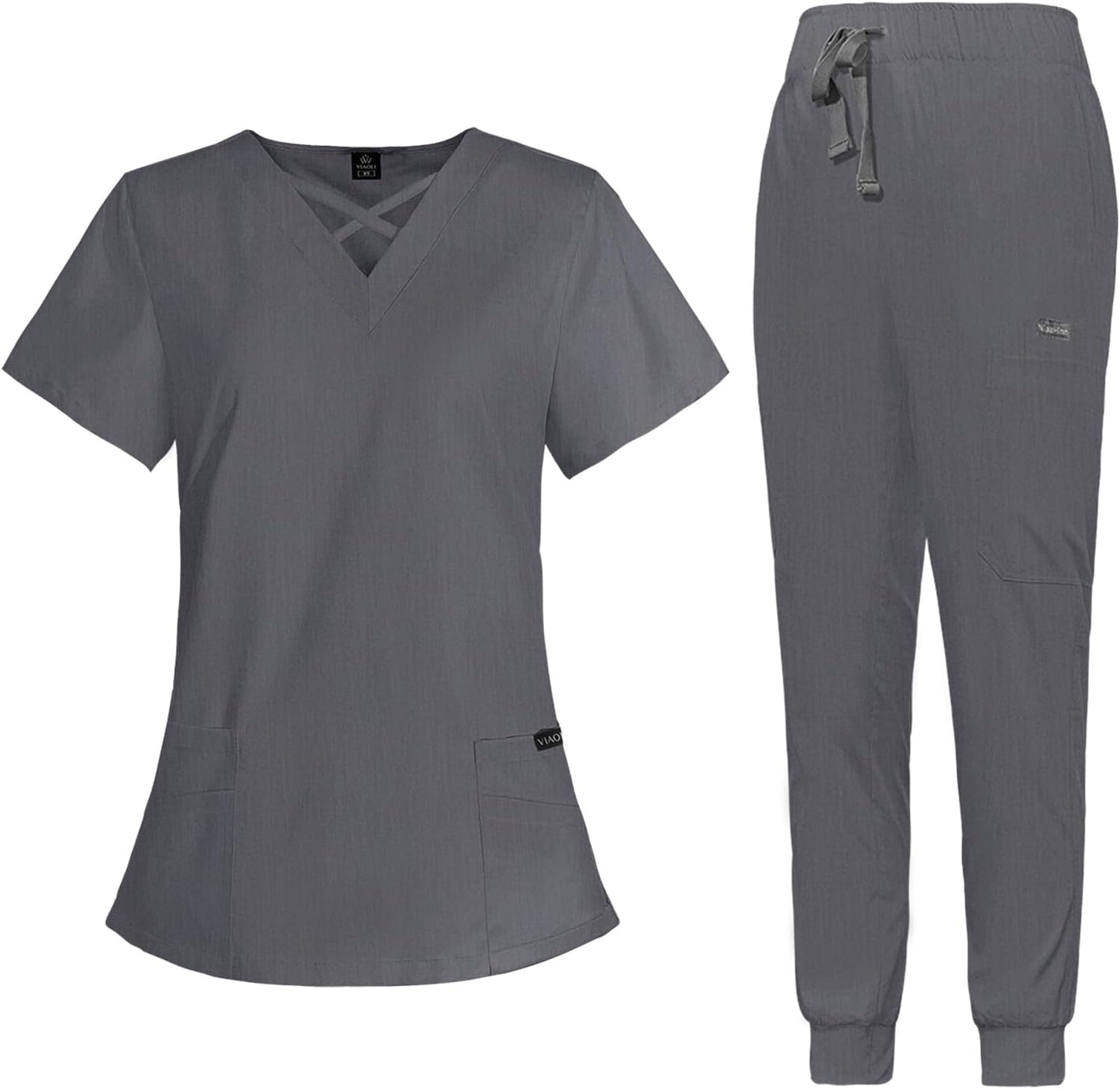 VIAOLI Scrubs for Women Set with V-Neck Top & Jogger Pants