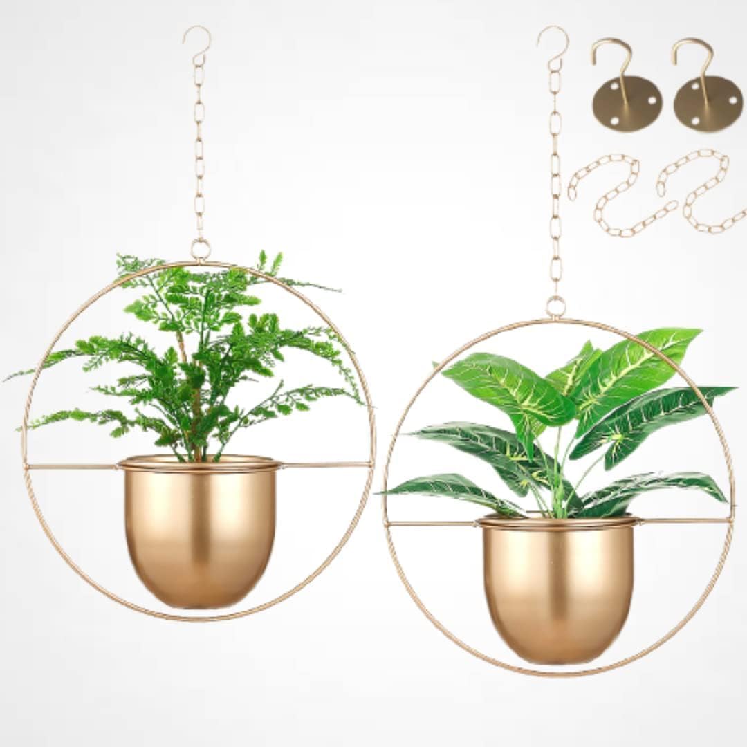 Gold Hanging Planters for Indoor Plants - 2 Pack with Hooks