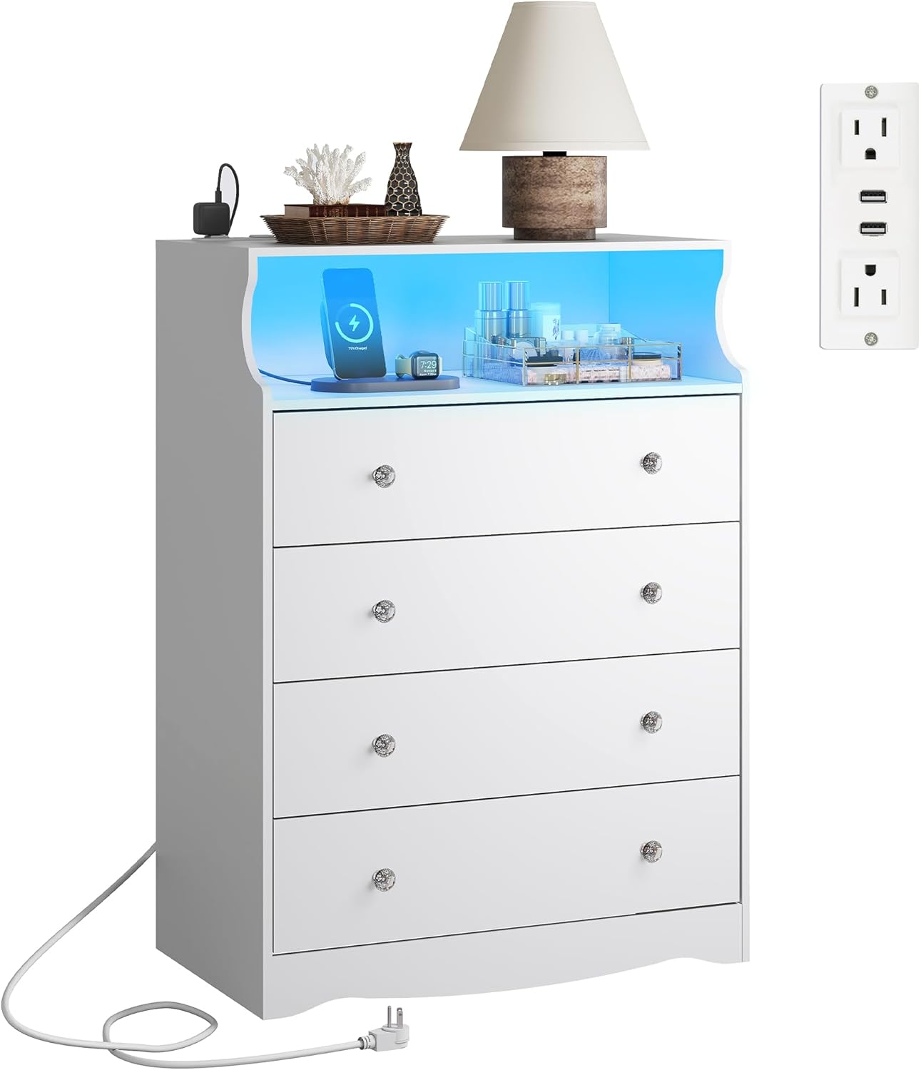 WLIVE White LED Dresser with 4 Drawers and Charging Station