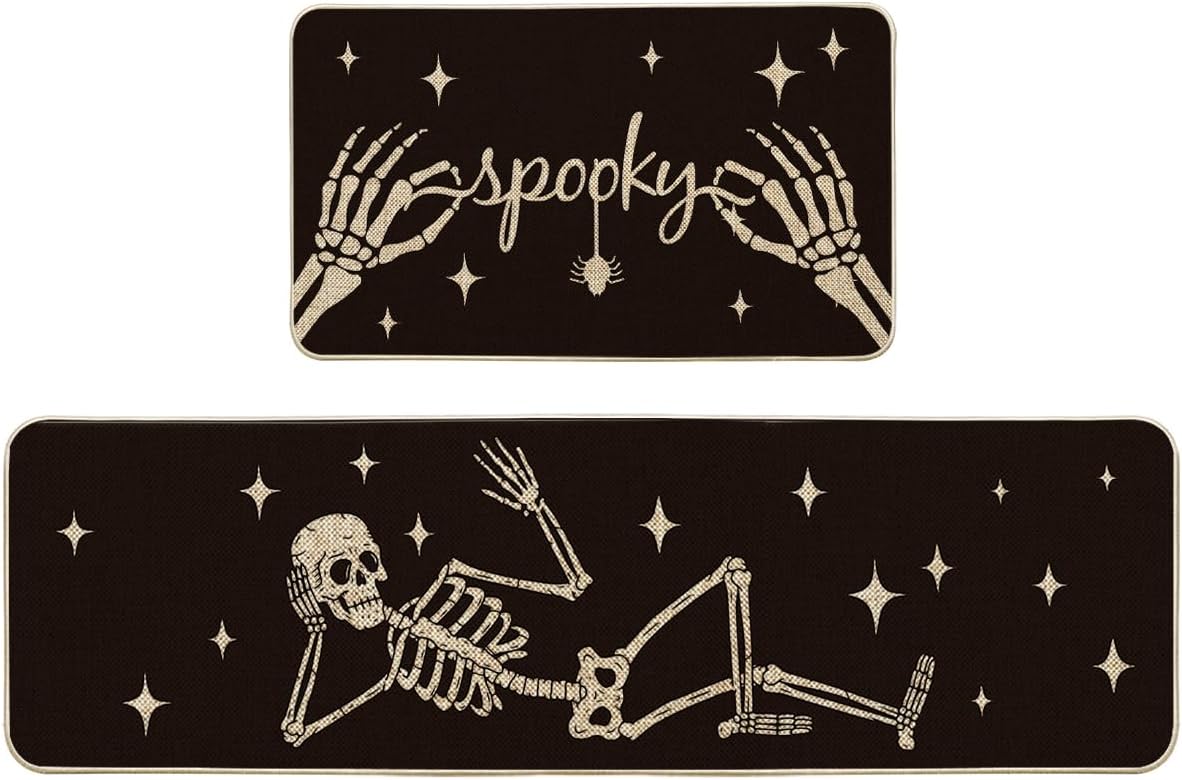 Spooky Skeleton Spider Bone Kitchen Mats Set for Halloween Decor