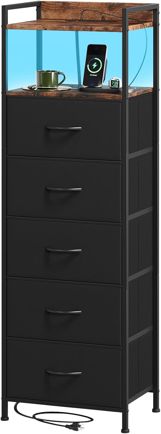 Somdot Black Nightstand with Charging Station and LED Light