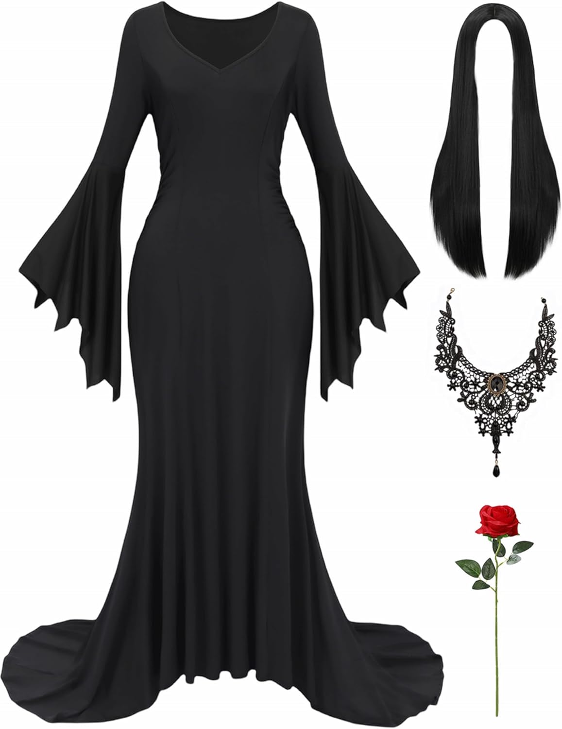 Gothic Costume for Women: Long Black Dress with Accessories