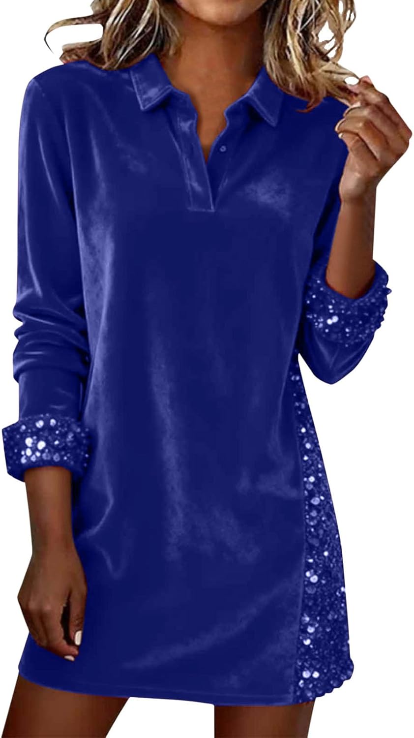 Sequin Dress for Women Long Sleeve Velvet Sparkly Midi Style
