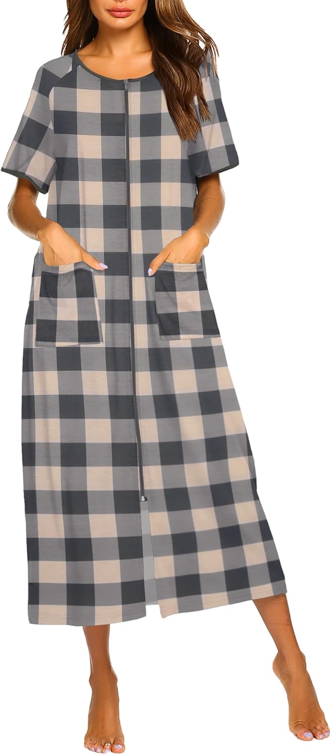 Ekouaer Women Robes Zipper Front Short Sleeve Full Length Housecoat