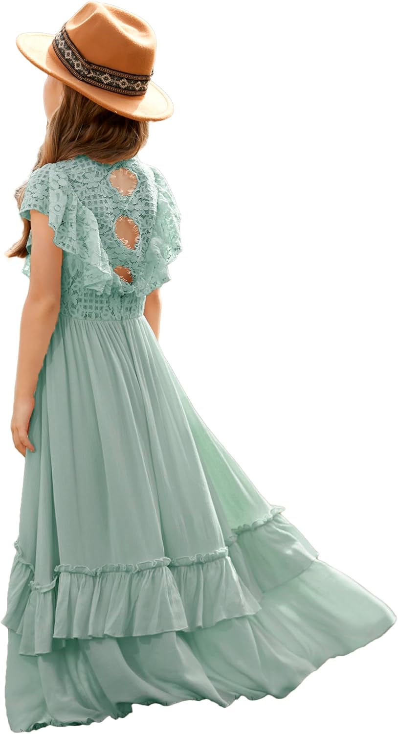 BIBIHOU Girls Lace Dress Boho Backless A Line High Low Hem